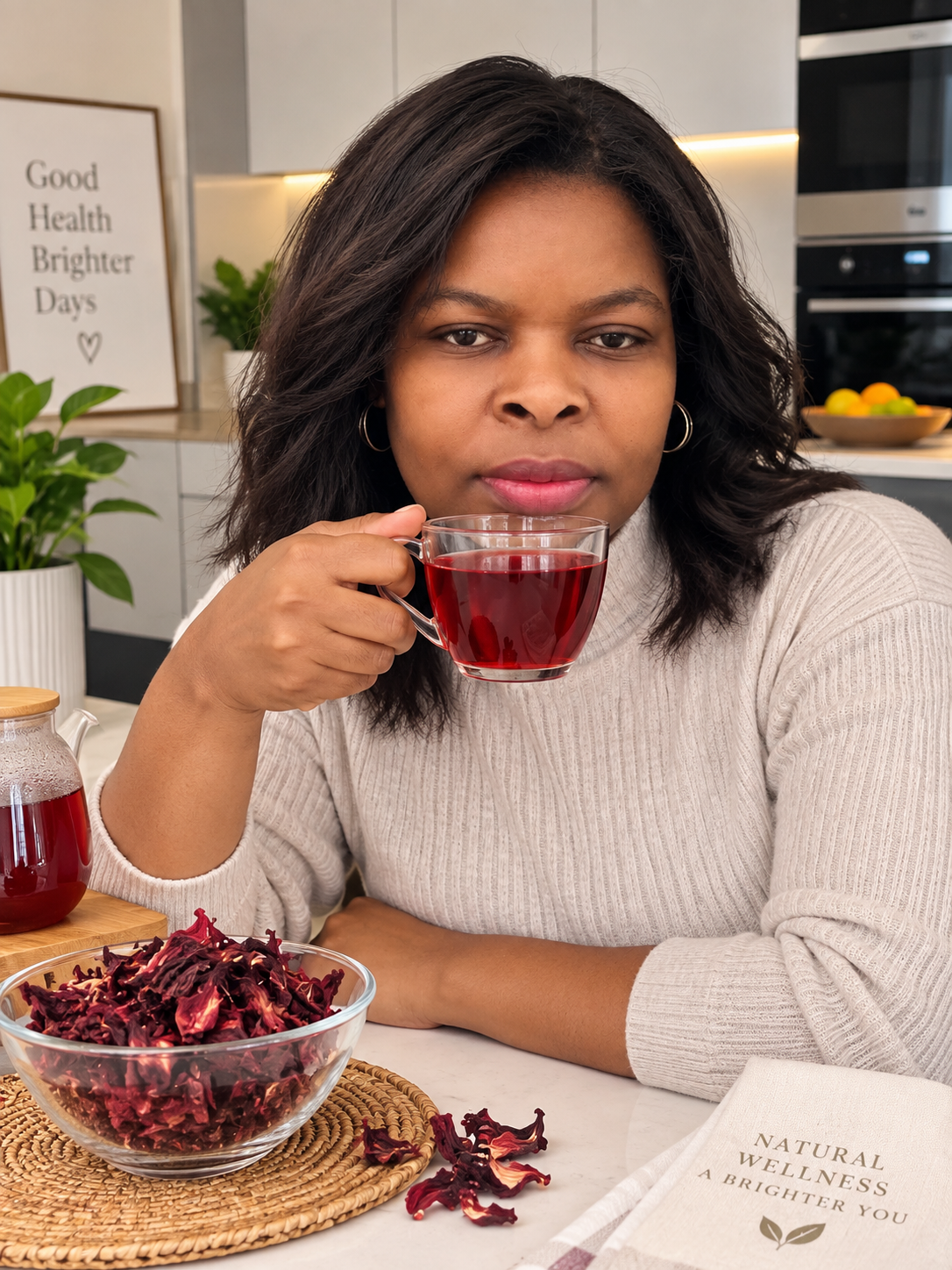 Woman enjoying a cup of botanical tea with dried hibiscus flowers